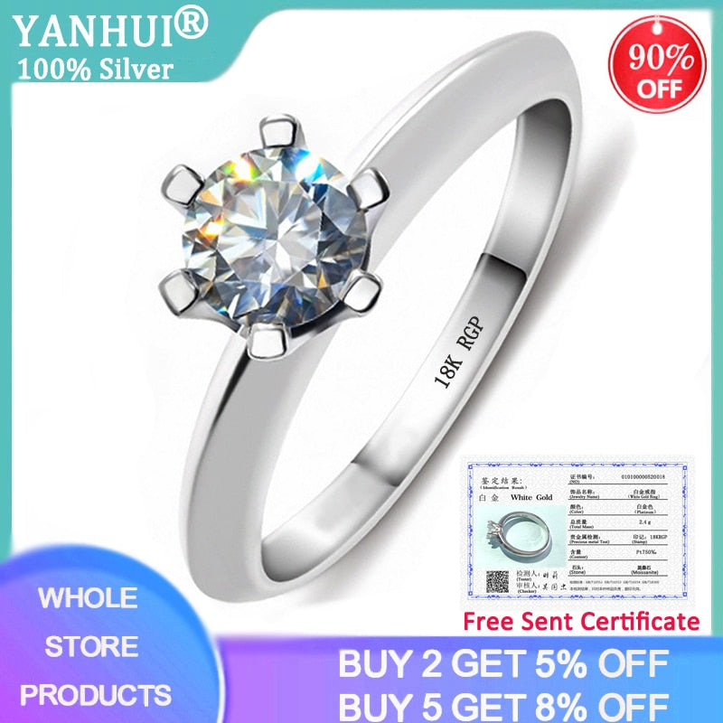 YANHUI With Certificate Luxury Solitaire 1.0ct Diamond Wedding Ring Original Pure 18K White Gold Engagement Rings for Women R018